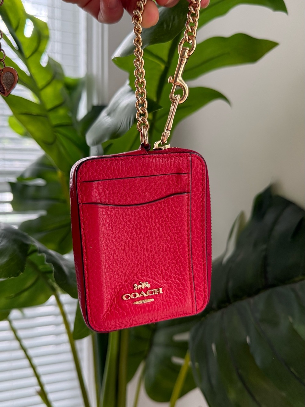 Coach Pink Leather Card Case with Gold Chain